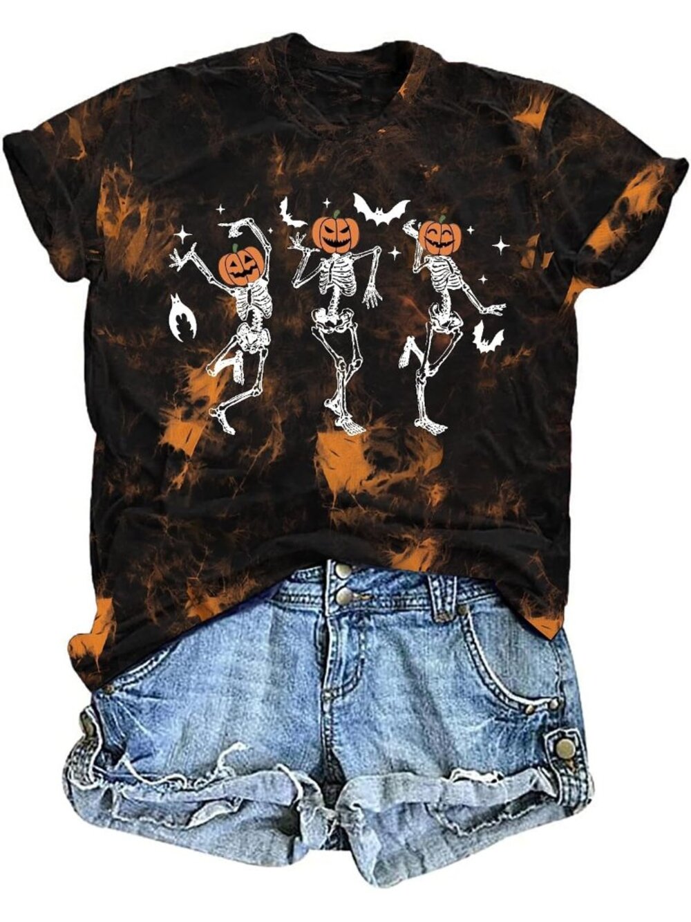 🆕 Women's Black Orange Pumpkin Skeleton Bat Tie Dye Halloween Graphic Tee